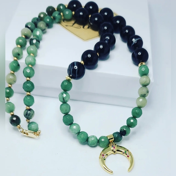 Faceted Zoisite, Black Lace Agate Moon Stainless steel Zirconia charm necklace - Picture 4 of 4